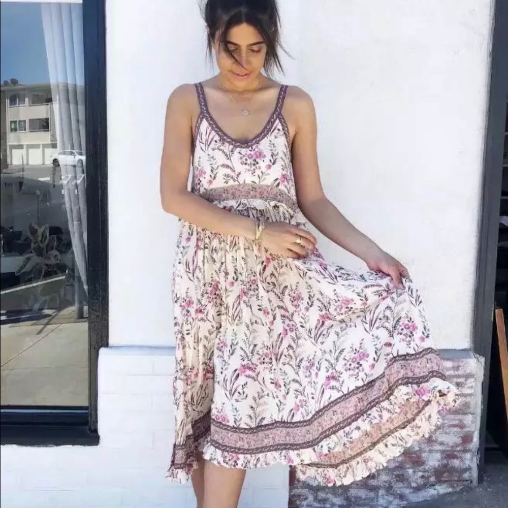 Boho Floral Gypsy Print Midi Ruffle Dress cream - Picture 2 of 15